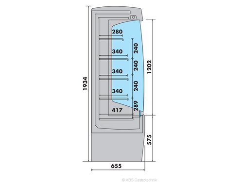 Wandk�hlregal Apollo 705 mit 4 h�henverstellbaren B�den, Panoramaglas-Seitenteile sowie Nachtrollo, 70,5 x 65,5 x 193,4 cm