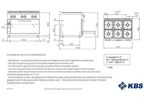 Gas-Herd 6 Brenner mit Gas-Groofen, 54 kW, BTH 120 x 90...