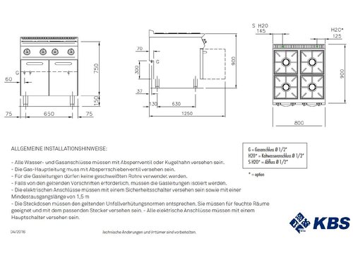 Gas-Kochflche 4 Brenner, 27 kW, offener Unterbau, BTH 80...