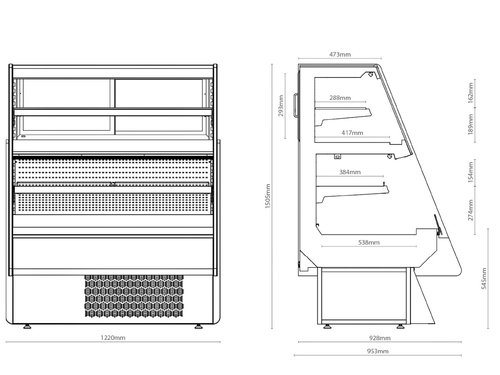 Impuls Wandk�hlregal - Verkaufstheke Carla 1200 mit 2 h�hen- und neigungsverstellbaren Regalb�den, 122 x 95,3 x 150,5 cm