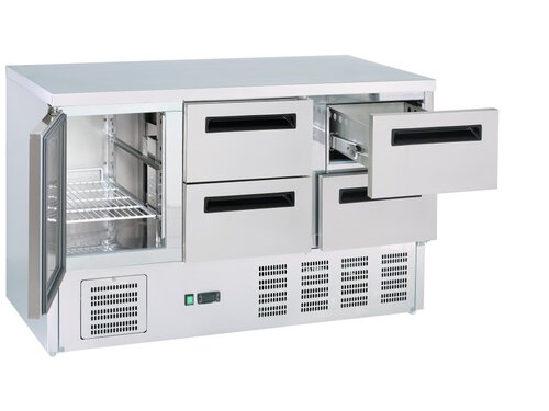 K�hltisch 34 mit Umluftk�hlung, 1 T�r, 4 Schubladen, 400 Liter, 1370 x 700 x 87,50 mm