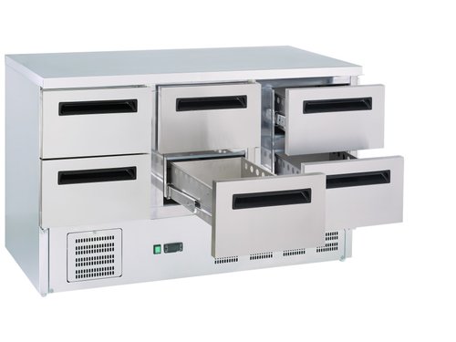 K�hltisch 36 mit Umluftk�hlung, 6 Schubladen, Inhalt 400 Liter. 1370x700x875 mm