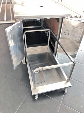 Salatbar / Kalte Theke 4x GN 1/1 mit Einbaustapler Rieber EPG-Q1/1 und beidseitiger Tablettrutsche, Dekor Buchenholz