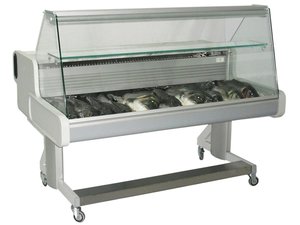 Fischtheke mit gebogener Scheibe, auf Rollen, BTH 1500 x...