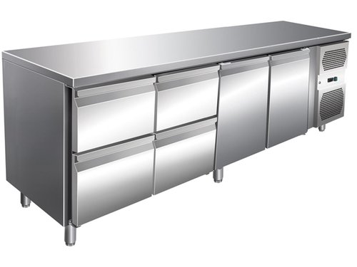 K�hltisch mit 2 T�ren, 4 Schubladen, 616 Liter, GN1/1, ohne Aufkantung, BTH 223 x 70 x 86 cm