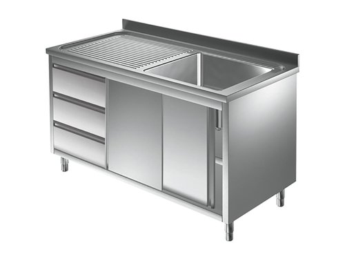 Splschrank Bautiefe 70 cm, 1 Becken rechts, mit Schubladen und Schiebetren, BTH 120 x 70 x 85 cm