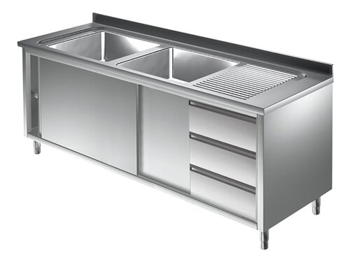 Sp�lschrank Bautiefe 60 cm, 2 Becken links, mit Schubladenblock rechts und Schiebet�ren, BTH 200 x 60 x 85 cm