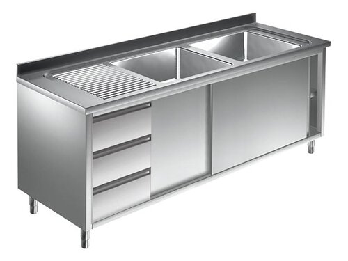 Sp�lschrank Bautiefe 70 cm, 2 Becken rechts, mit Schubladenblock links und Schiebet�ren, BTH 200 x 70 x 85 cm