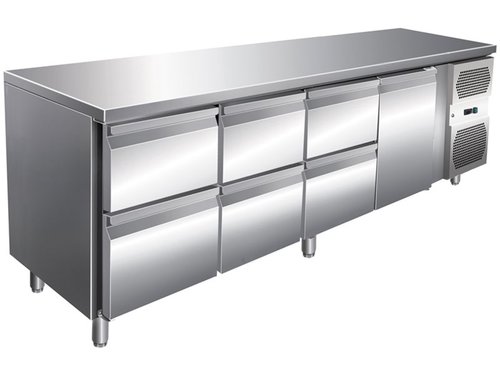 K�hltisch mit 1 T�r, 6 Schubladen, 616 Liter, GN1/1, ohne Aufkantung, BTH 223 x 70 x 86 cm