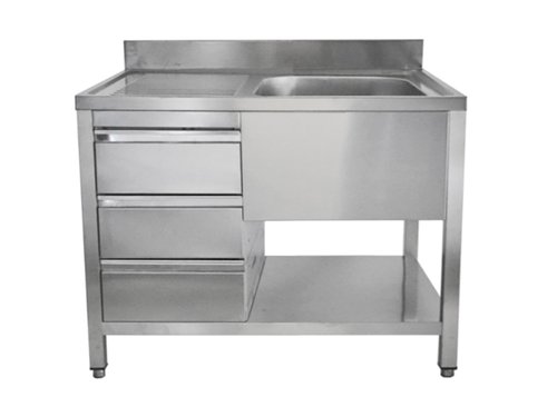 Sp�ltisch mit 1 Becken rechts, Schubladen und Abtropffl�che, BTH 160 x 70 x 85 cm