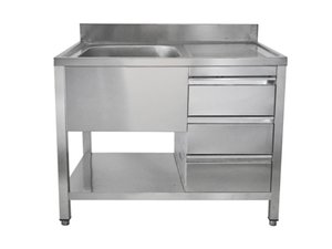 Sp�ltisch mit 1 Becken links, Schubladen und...