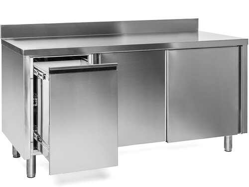 Arbeitsschrank mit Abfallbeh�lter links und Schiebet�ren, mit Aufkantung, BTH 150 x 70 x 85 cm