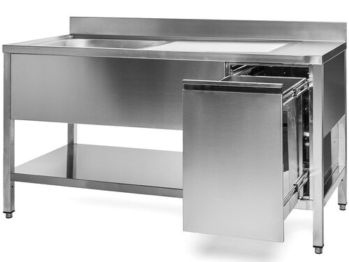 Sp�ltisch, 1 Becken links, mit Abfallbeh�lter rechts, Abtropffl�che und Grundboden, BTH 100 x 60 x 85 cm