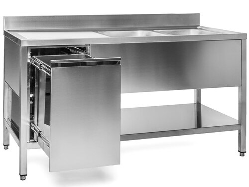 Sp�ltisch, 2 Becken rechts, mit Abfallbeh�lter links, Abtropffl�che und Grundboden, BTH 150 x 70 x 85 cm