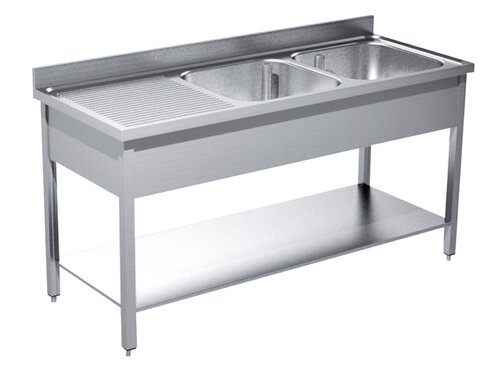 Sp�ltisch mit 2 Becken rechts, mit Abtropffl�che und Grundboden, verschwei�t, BTH 200 x 70 x 85 cm
