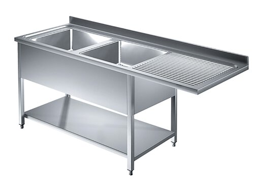 Sp�lzentrum mit 2 Becken links, mit Abtropffl�che und Grundboden, verschwei�t, BTH 160 x 60 x 85 cm