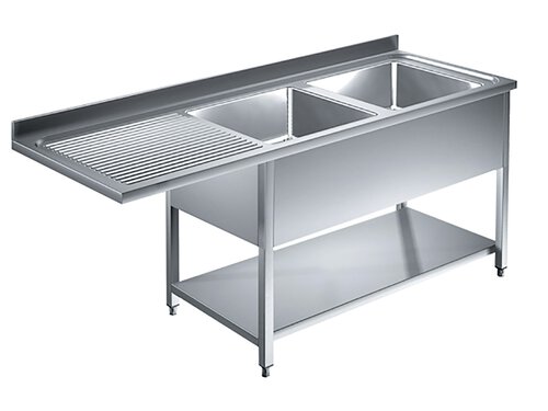 Sp�lzentrum mit 2 Becken rechts, mit Abtropffl�che und Grundboden, verschwei�t, BTH 200 x 70 x 85 cm