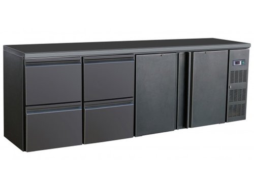 Flaschenkhltisch, schwarz, 2 Tren 4 Schubladen, Inhalt 698 Liter, 2542 x 513 x 860 mm