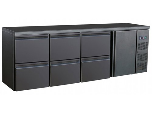 Flaschenkhltisch, schwarz, 1 Tr 6 Schubladen, Inhalt 698 Liter, 2542 x 513 x 860 mm