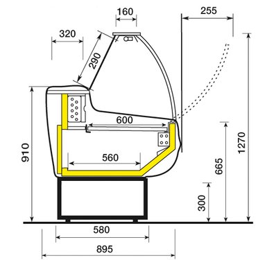 K�hltheke mit gebogenem Frontglas und Beleuchtung, 3000x930x1230mm, Umluftk�hlung
