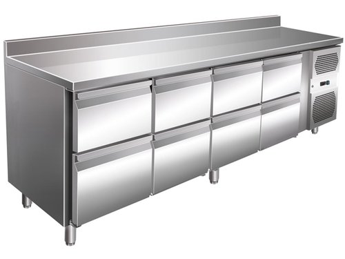 K�hltisch mit 8 Schubladen, 616 Liter, GN1/1, mit Aufkantung, BTH 223 x 70 x 86 cm